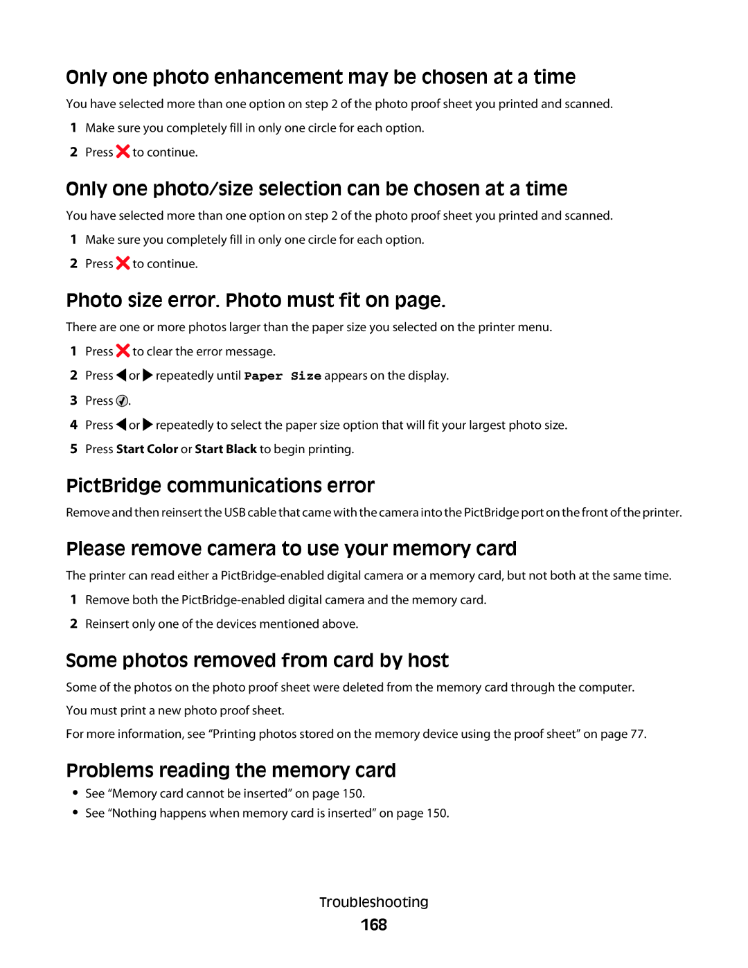 Lexmark 5300 Series manual Only one photo enhancement may be chosen at a time, Photo size error. Photo must fit on 