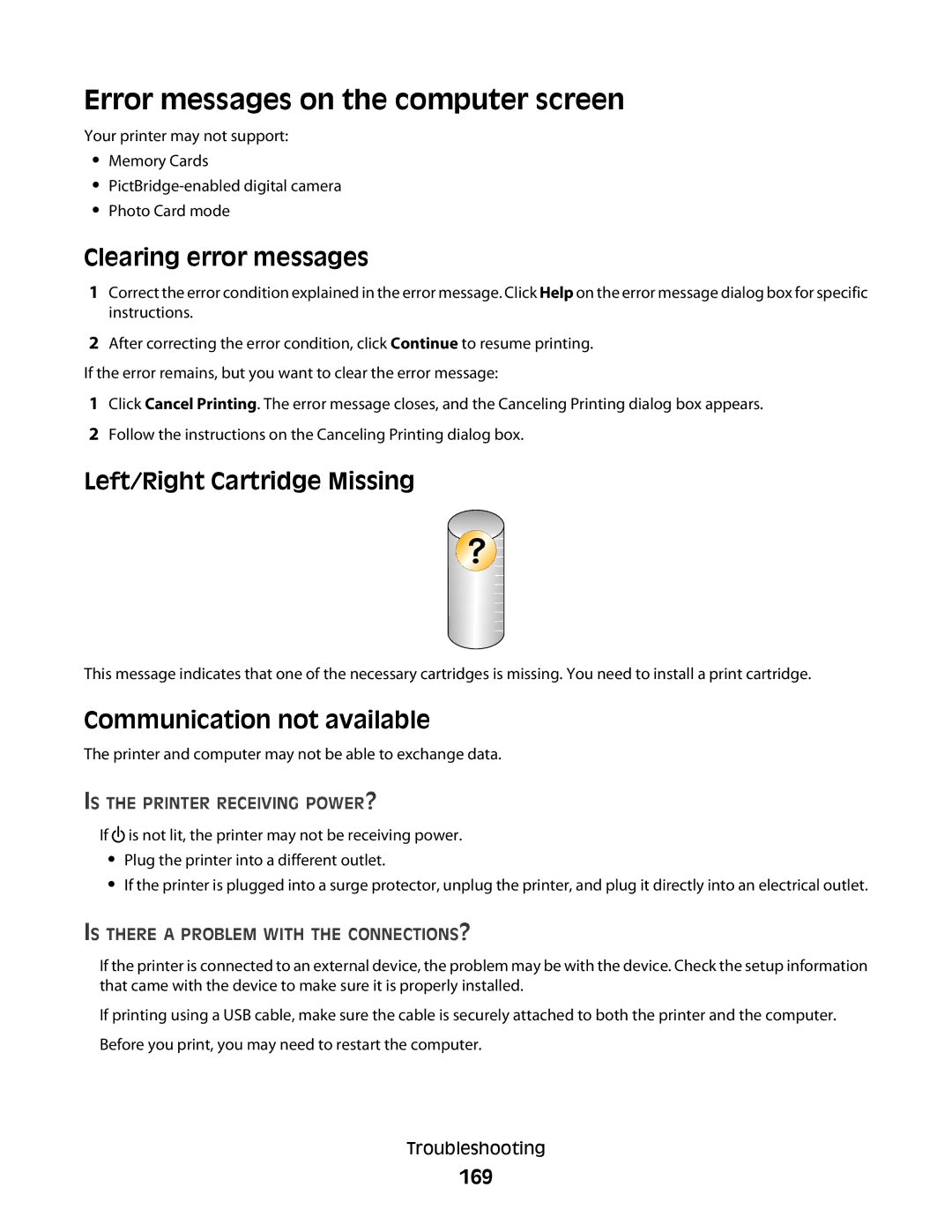 Lexmark 5300 Series Error messages on the computer screen, Clearing error messages, Left/Right Cartridge Missing, 169 