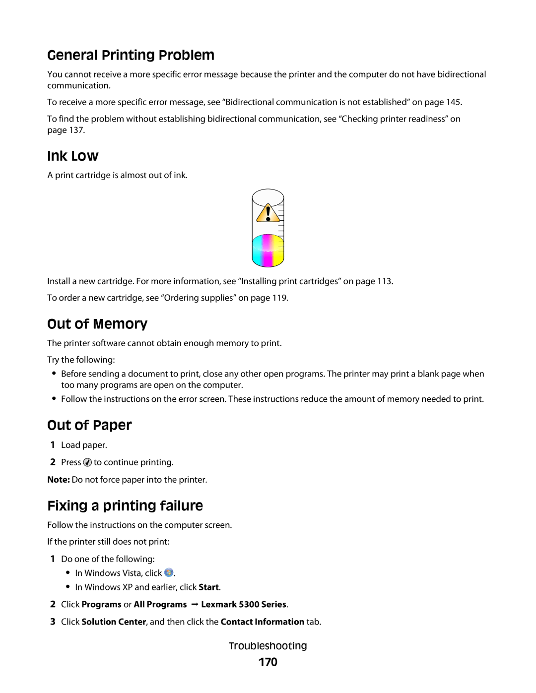 Lexmark 5300 Series manual General Printing Problem, Ink Low, Out of Memory, Out of Paper, Fixing a printing failure 