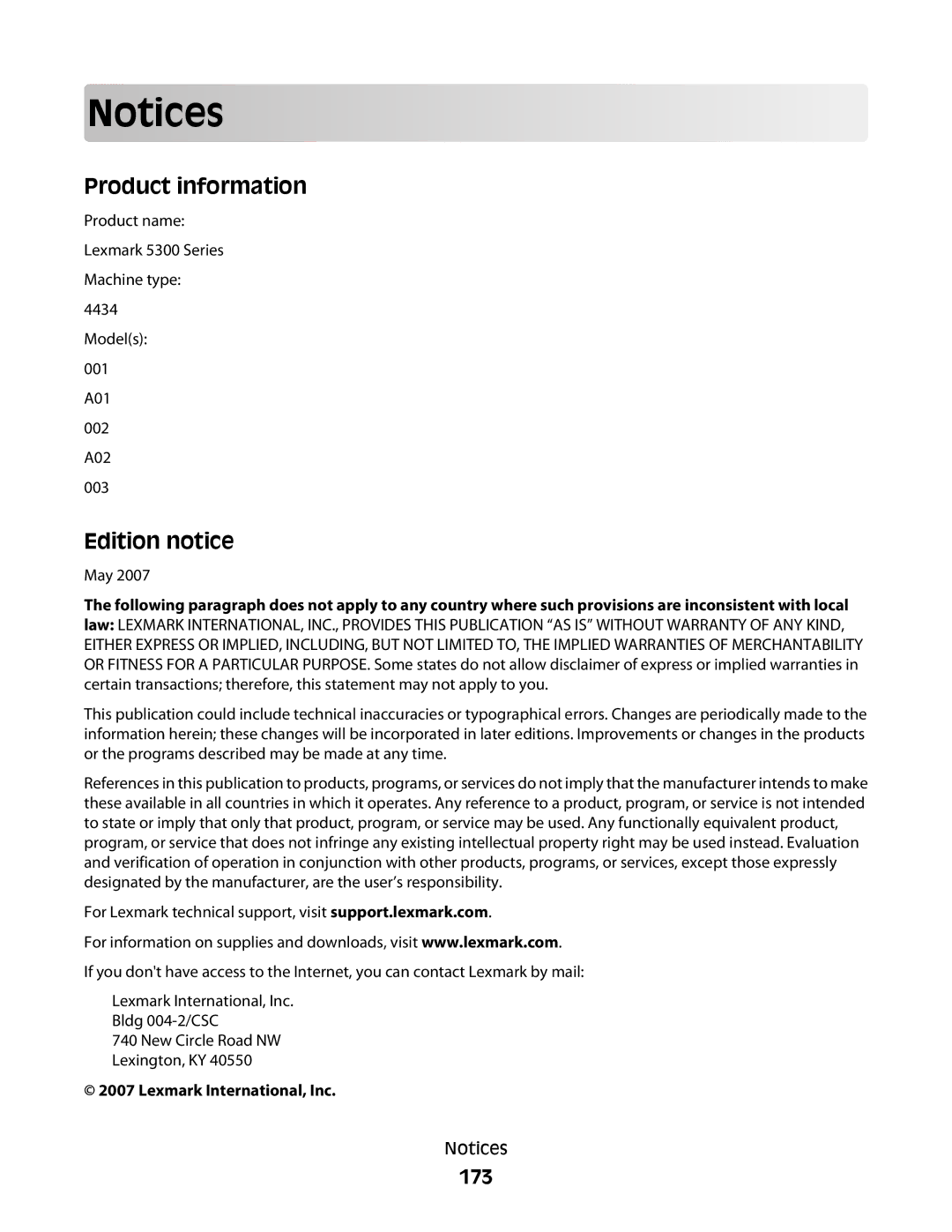 Lexmark 5300 Series manual 173, Lexmark International, Inc 