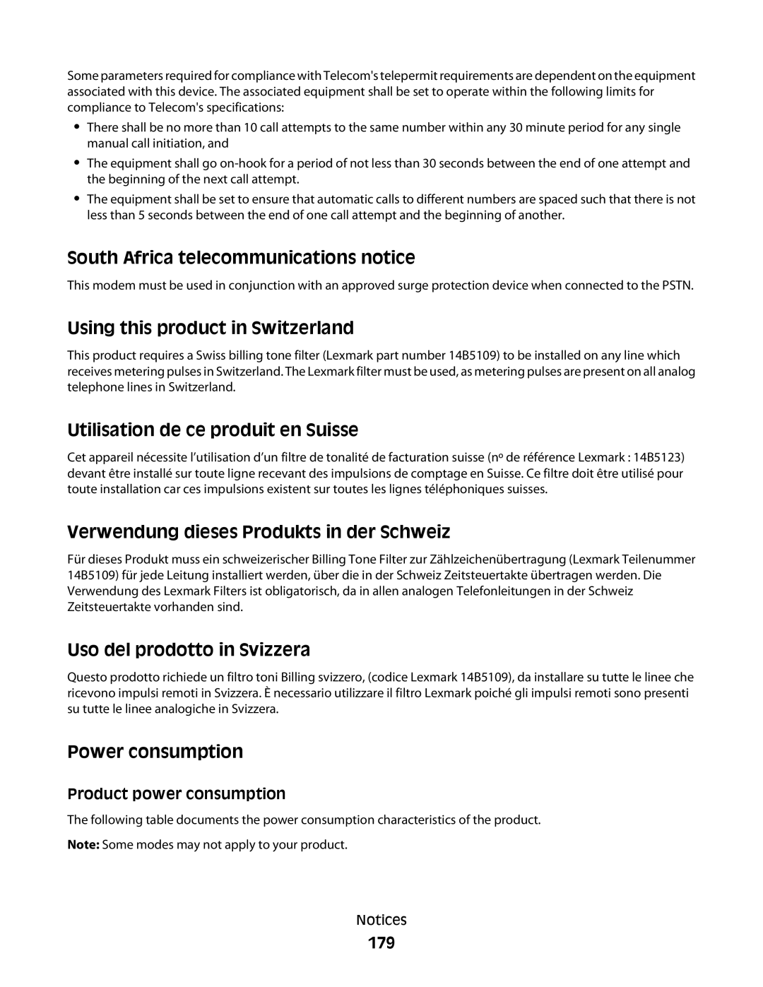 Lexmark 5300 Series manual South Africa telecommunications notice, 179 