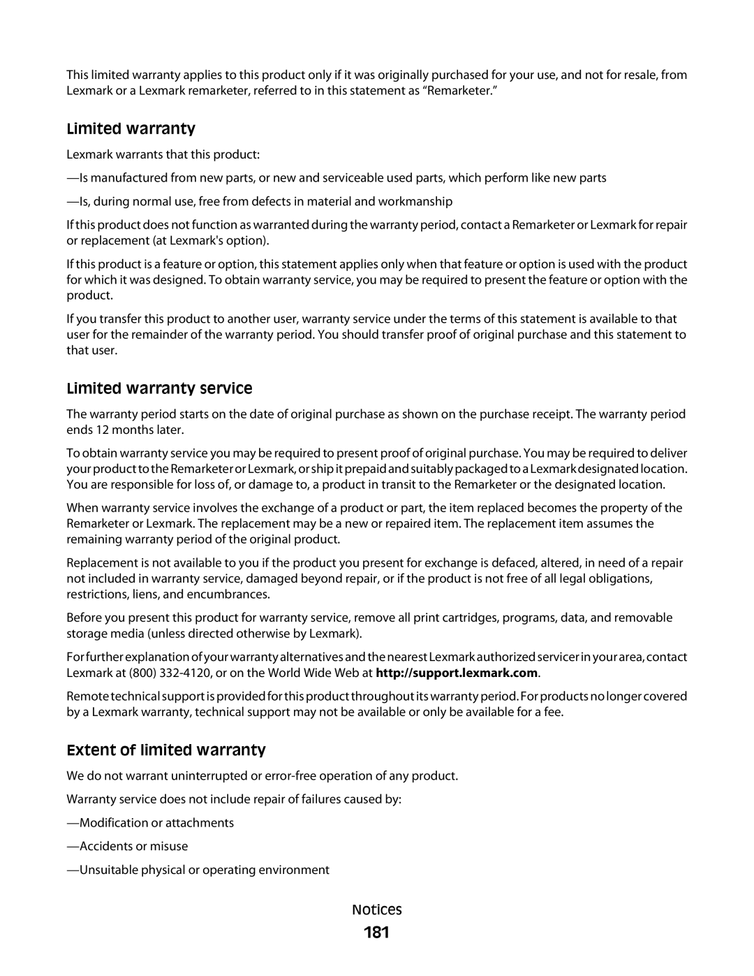 Lexmark 5300 Series manual 181, Limited warranty service 