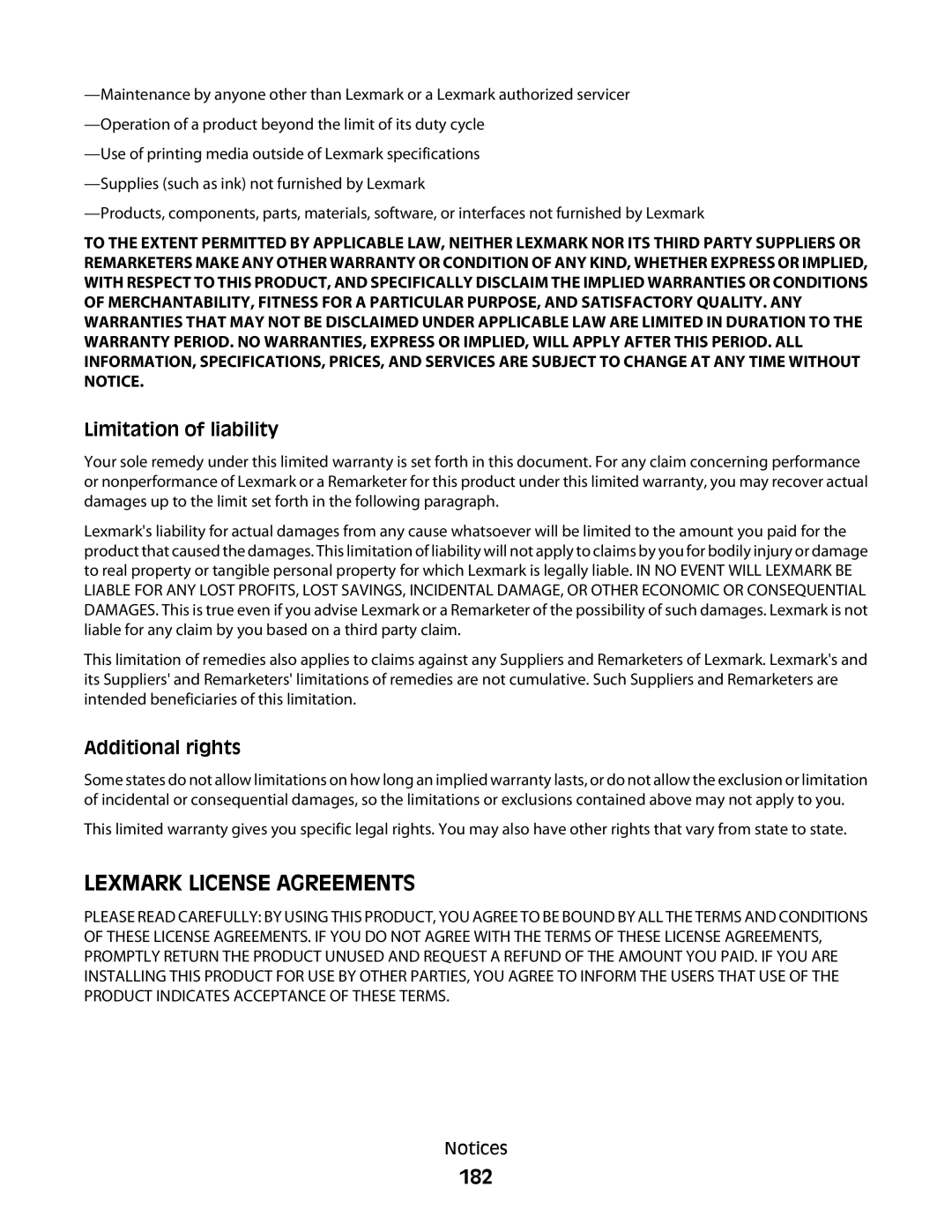 Lexmark 5300 Series manual 182, Limitation of liability 