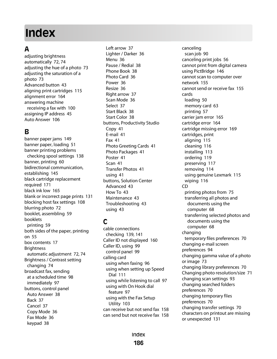 Lexmark 5300 Series manual Index, 186 