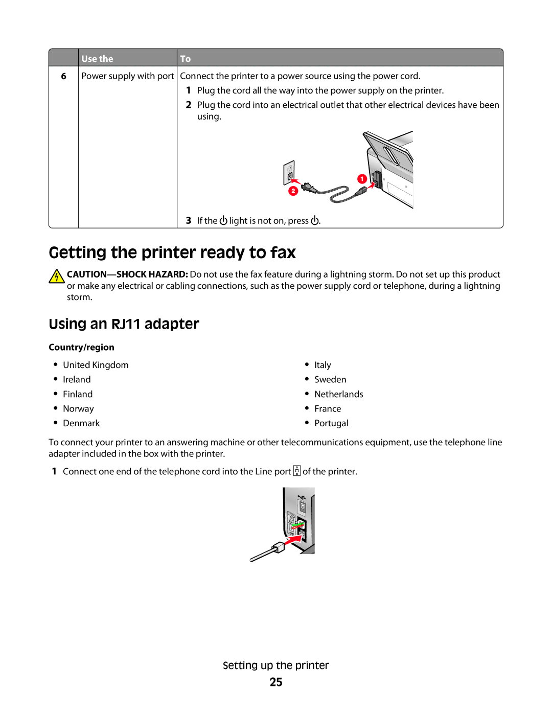 Lexmark 5300 Series manual Getting the printer ready to fax, Using an RJ11 adapter, Norway France Denmark Portugal 