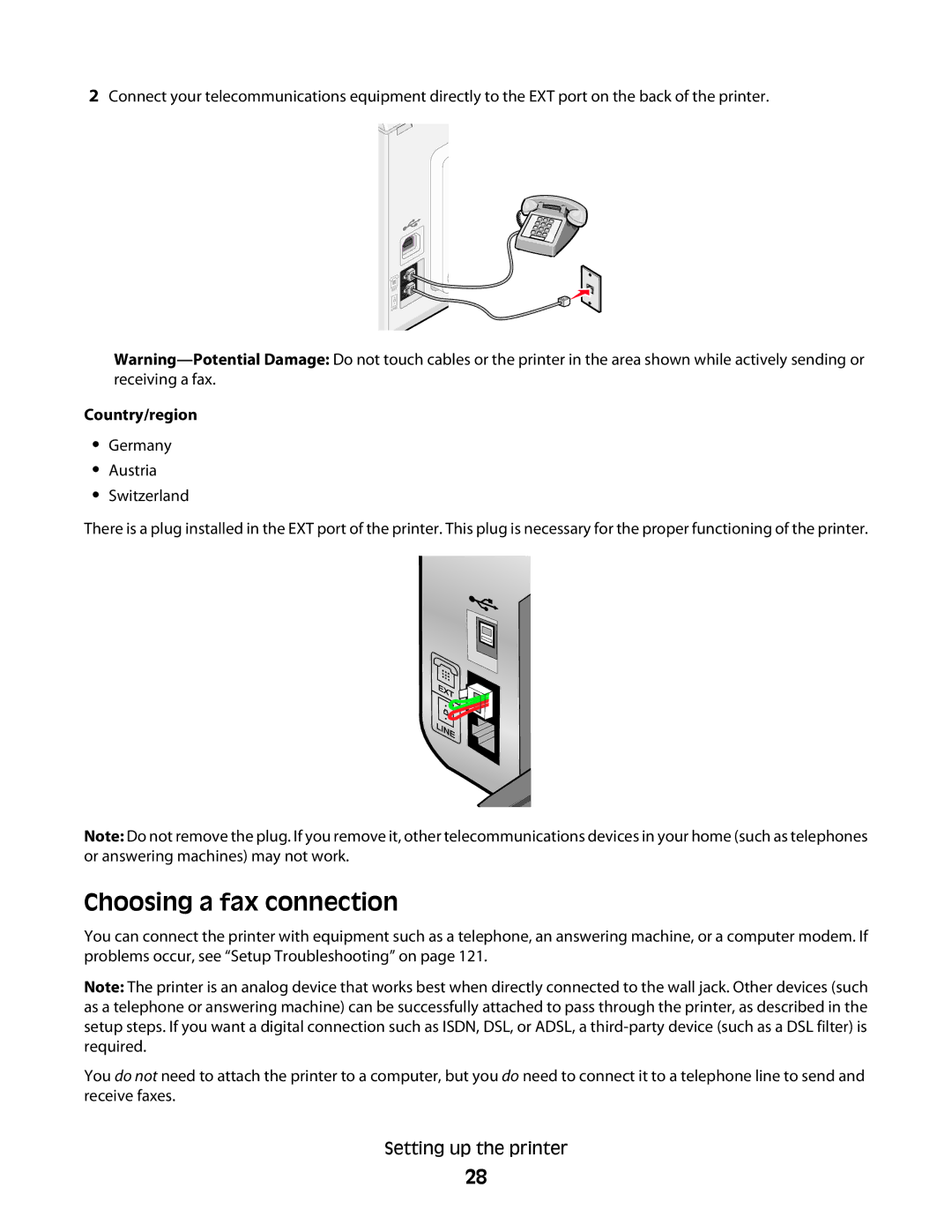 Lexmark 5300 Series manual Choosing a fax connection, Country/region 