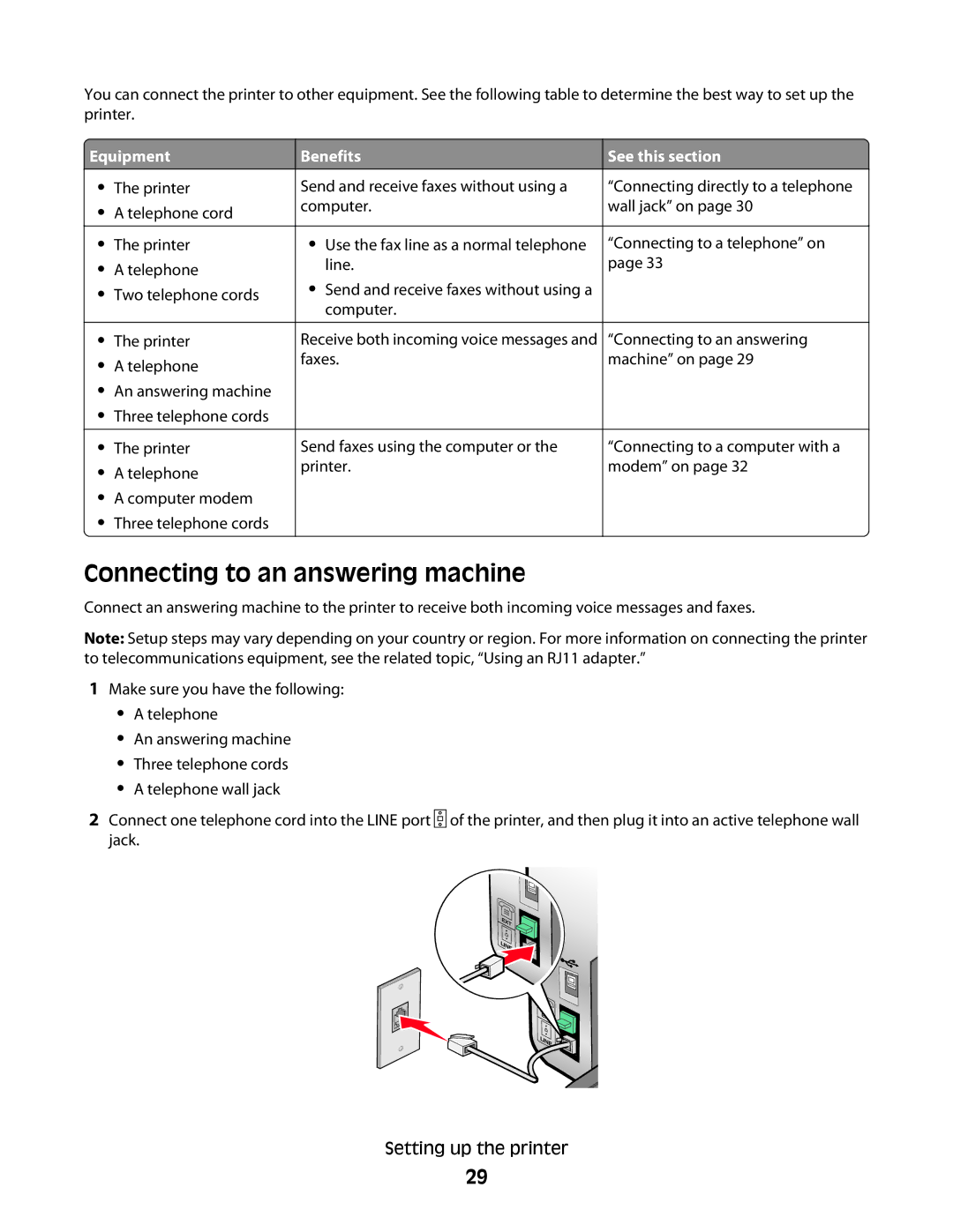 Lexmark 5300 Series manual Connecting to an answering machine, Equipment, Benefits, See this section 