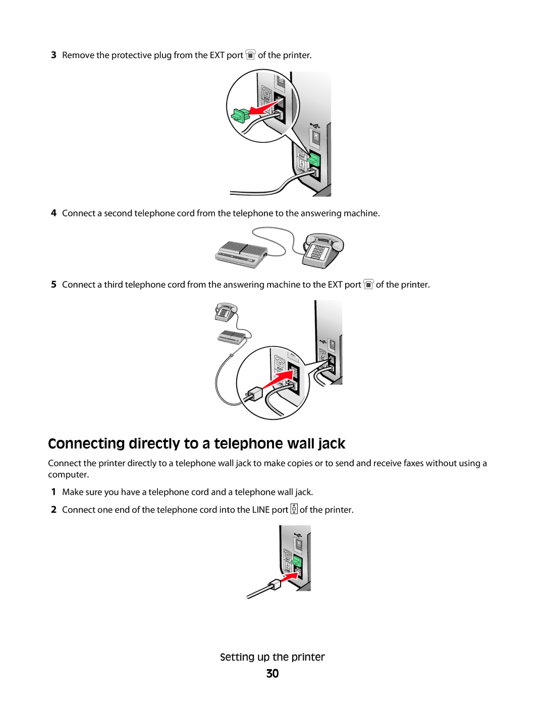 Lexmark 5300 Series manual Connecting directly to a telephone wall jack 