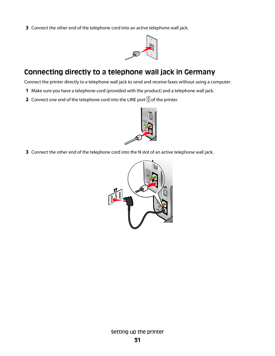 Lexmark 5300 Series manual Connecting directly to a telephone wall jack in Germany 