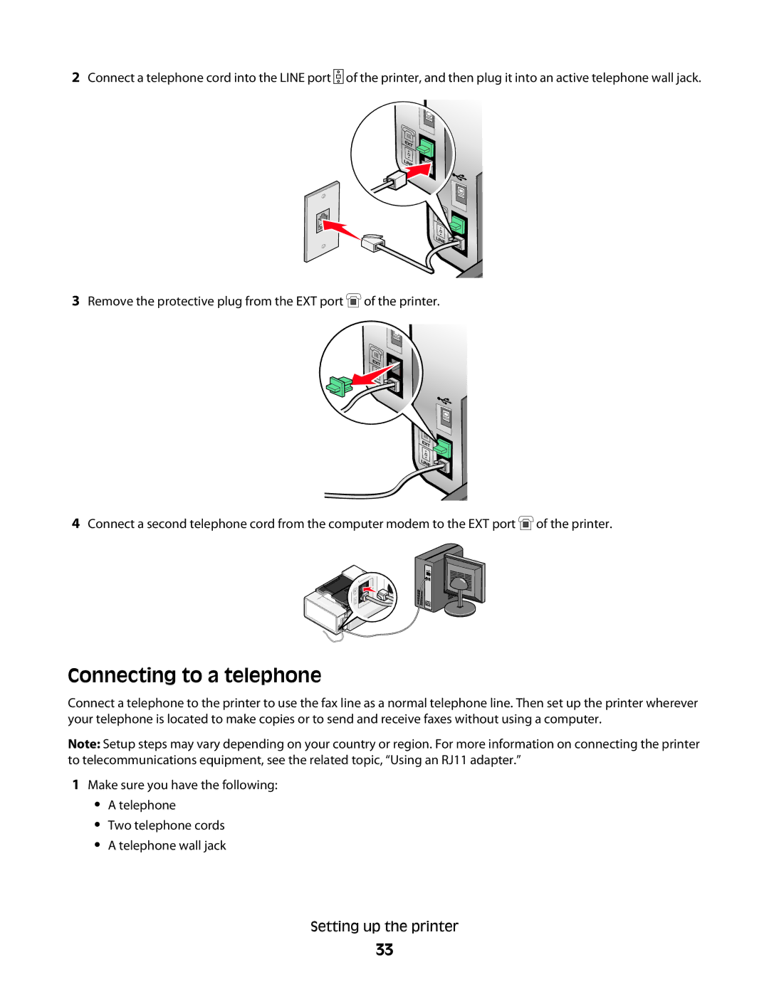 Lexmark 5300 Series manual Connecting to a telephone 