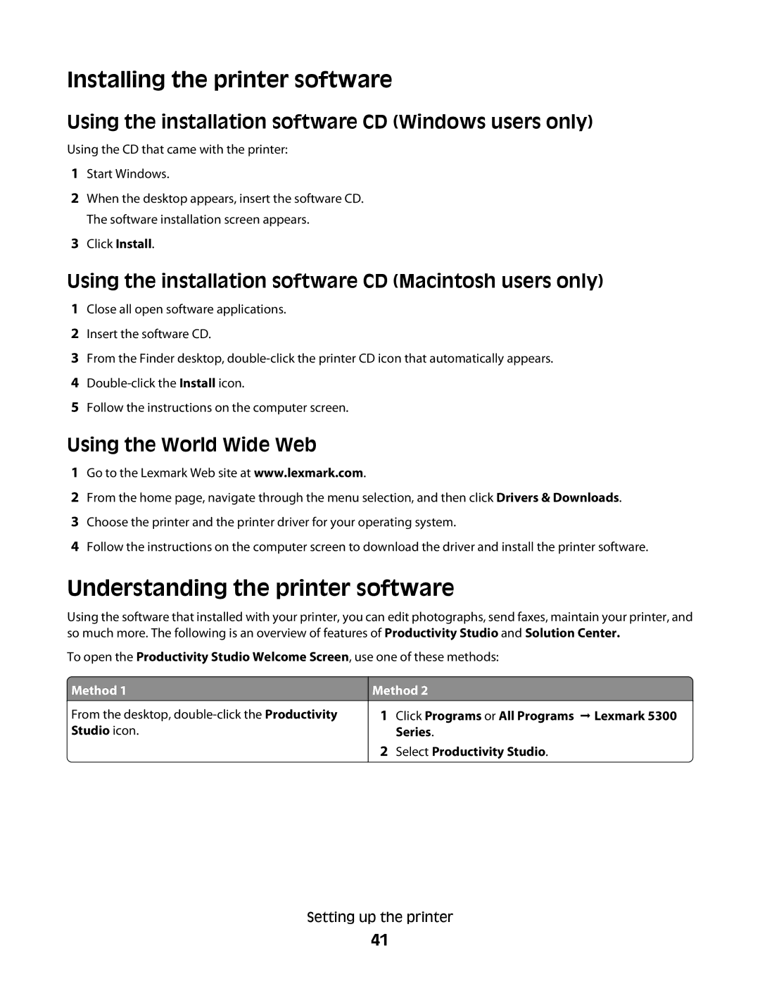 Lexmark 5300 Series manual Installing the printer software, Understanding the printer software, Using the World Wide Web 