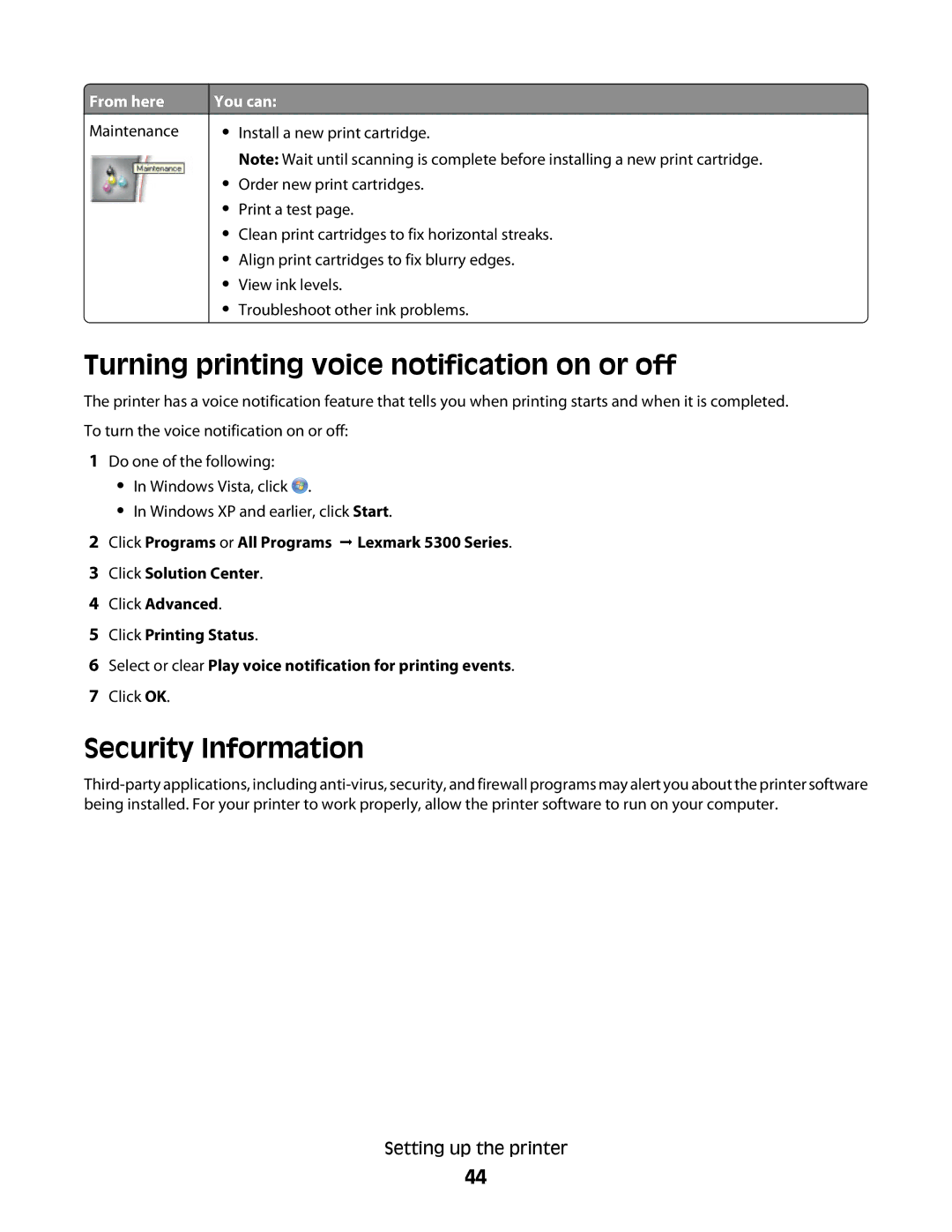 Lexmark 5300 Series manual Turning printing voice notification on or off, Security Information 