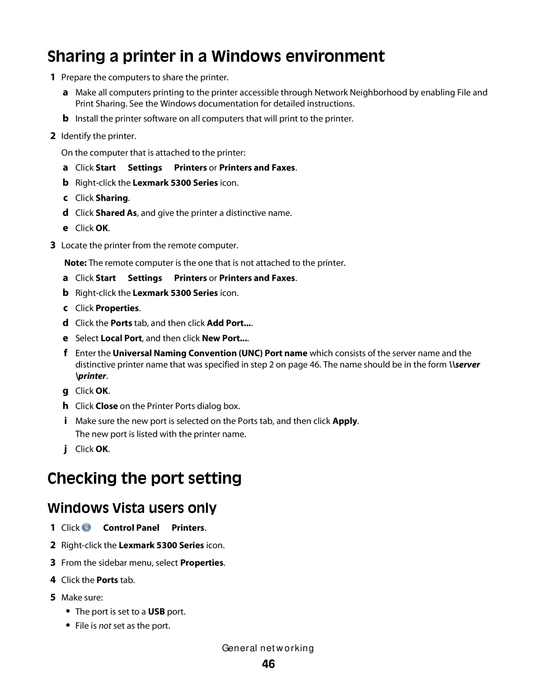 Lexmark 5300 Series manual Sharing a printer in a Windows environment, Checking the port setting, Windows Vista users only 