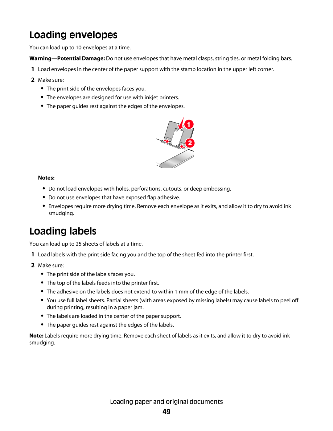 Lexmark 5300 Series manual Loading envelopes, Loading labels 