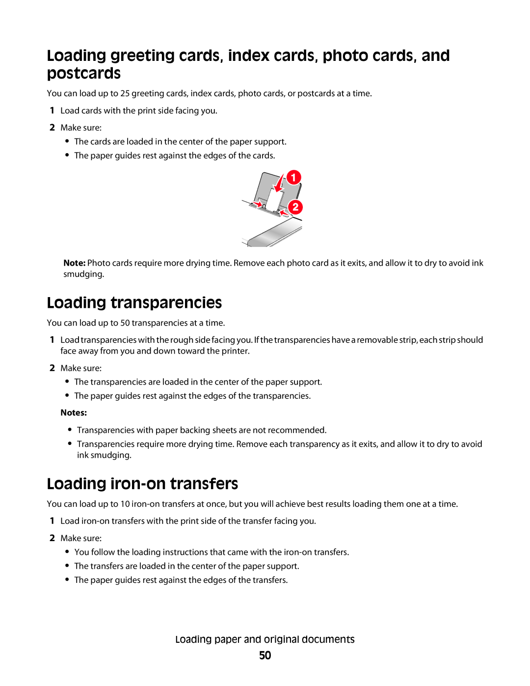 Lexmark 5300 Series manual Loading transparencies, Loading iron-on transfers 