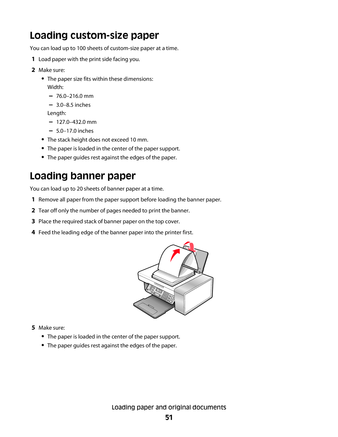 Lexmark 5300 Series manual Loading custom-size paper, Loading banner paper 