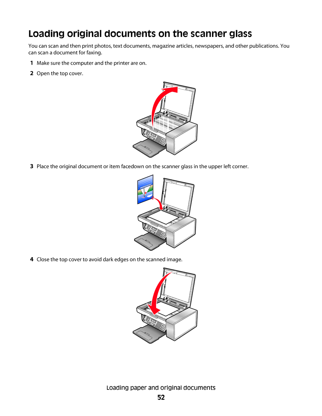 Lexmark 5300 Series manual Loading original documents on the scanner glass 