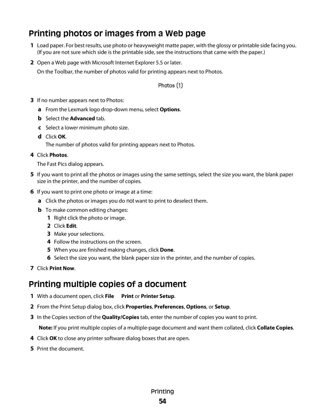 Lexmark 5300 Series manual Printing photos or images from a Web, Printing multiple copies of a document, Click Print Now 