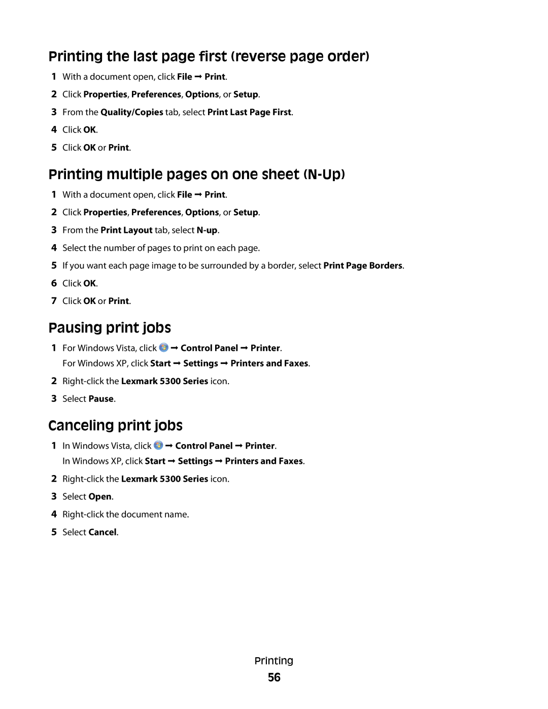 Lexmark 5300 Series manual Printing the last page first reverse page order, Printing multiple pages on one sheet N-Up 