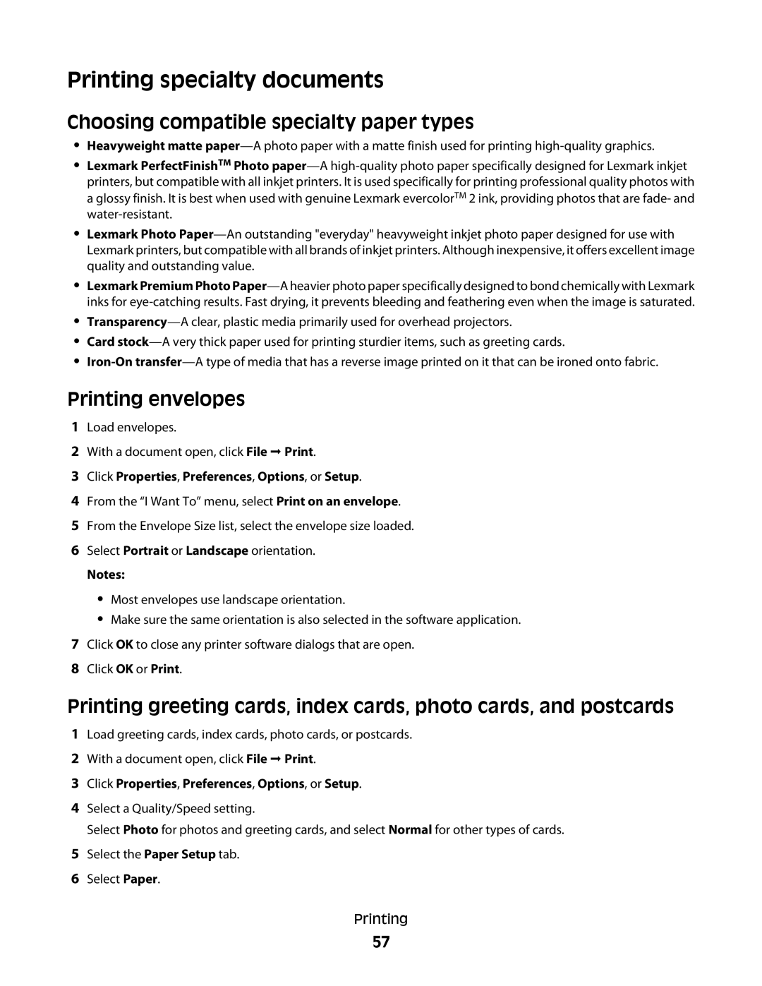 Lexmark 5300 Series manual Printing specialty documents, Choosing compatible specialty paper types, Printing envelopes 