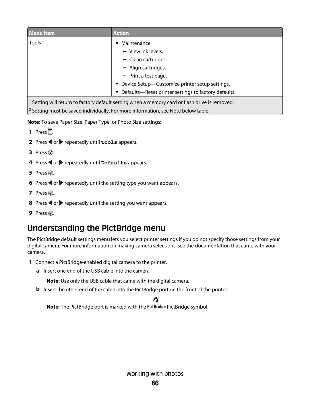 Lexmark 5300 Series manual Understanding the PictBridge menu 