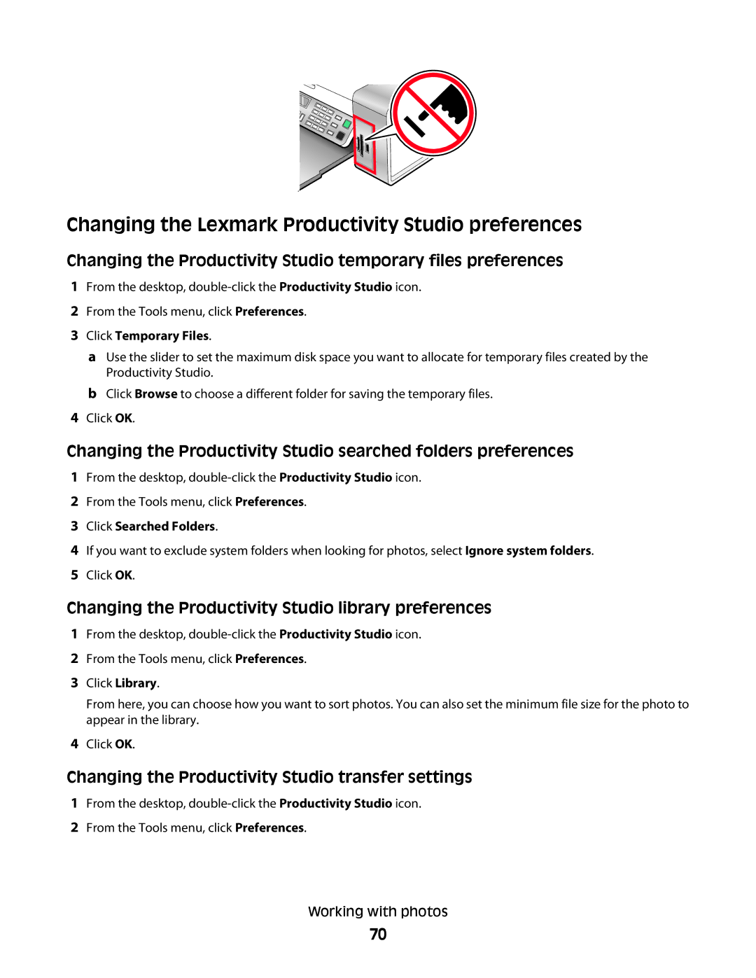 Lexmark 5300 Series Changing the Lexmark Productivity Studio preferences, Click Temporary Files, Click Searched Folders 