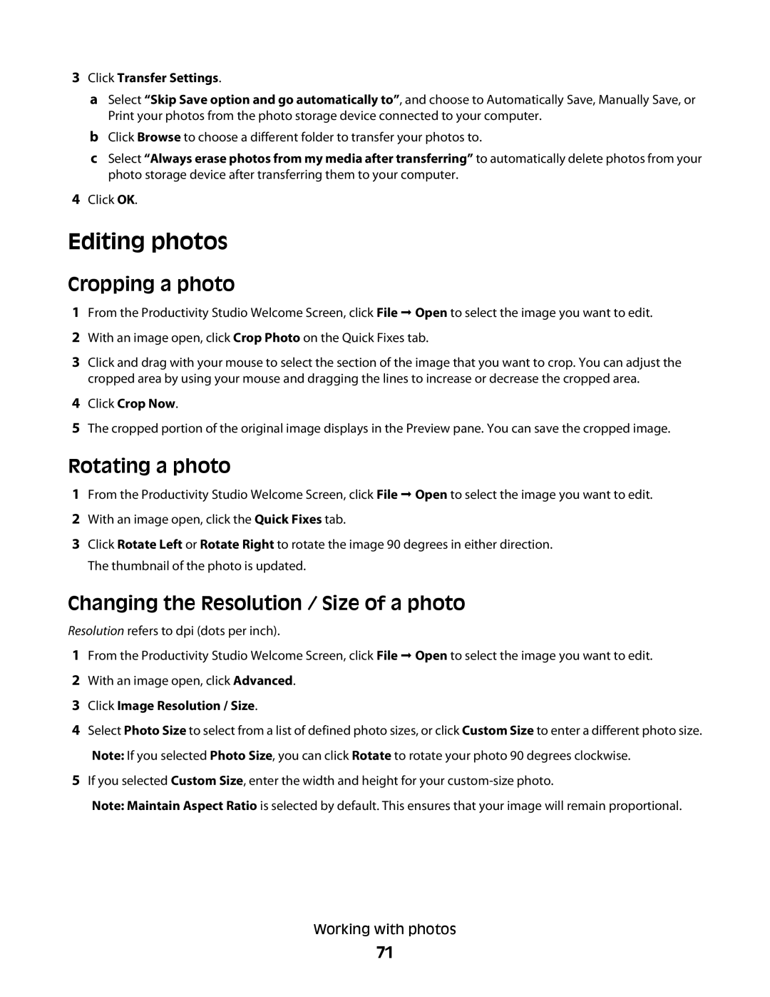 Lexmark 5300 Series manual Editing photos, Cropping a photo, Rotating a photo, Changing the Resolution / Size of a photo 