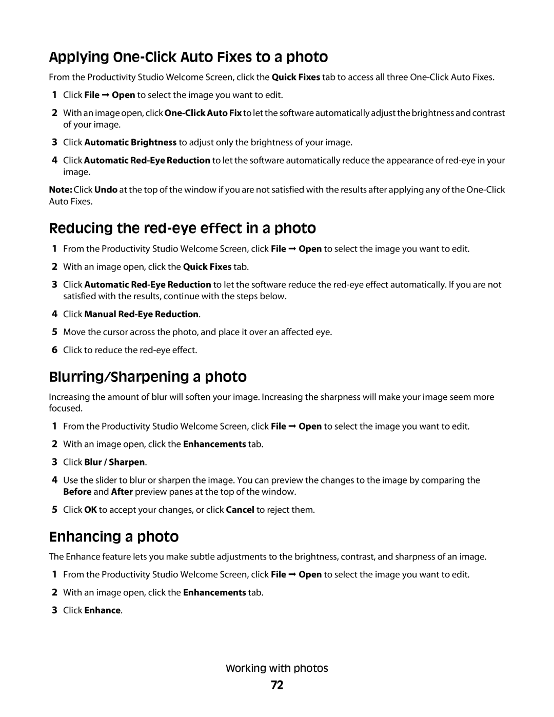 Lexmark 5300 Series Applying One-Click Auto Fixes to a photo, Reducing the red-eye effect in a photo, Enhancing a photo 