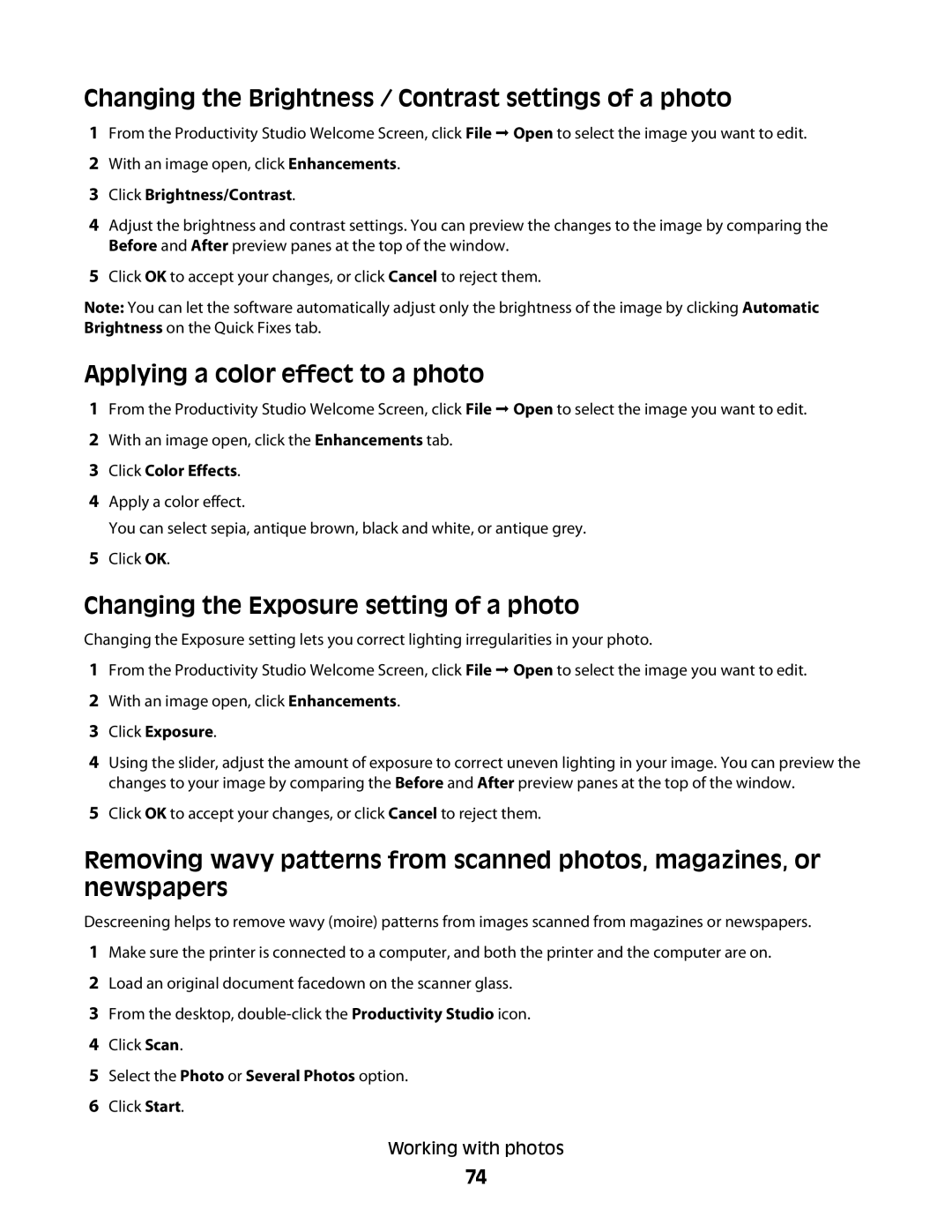 Lexmark 5300 Series manual Changing the Brightness / Contrast settings of a photo, Applying a color effect to a photo 