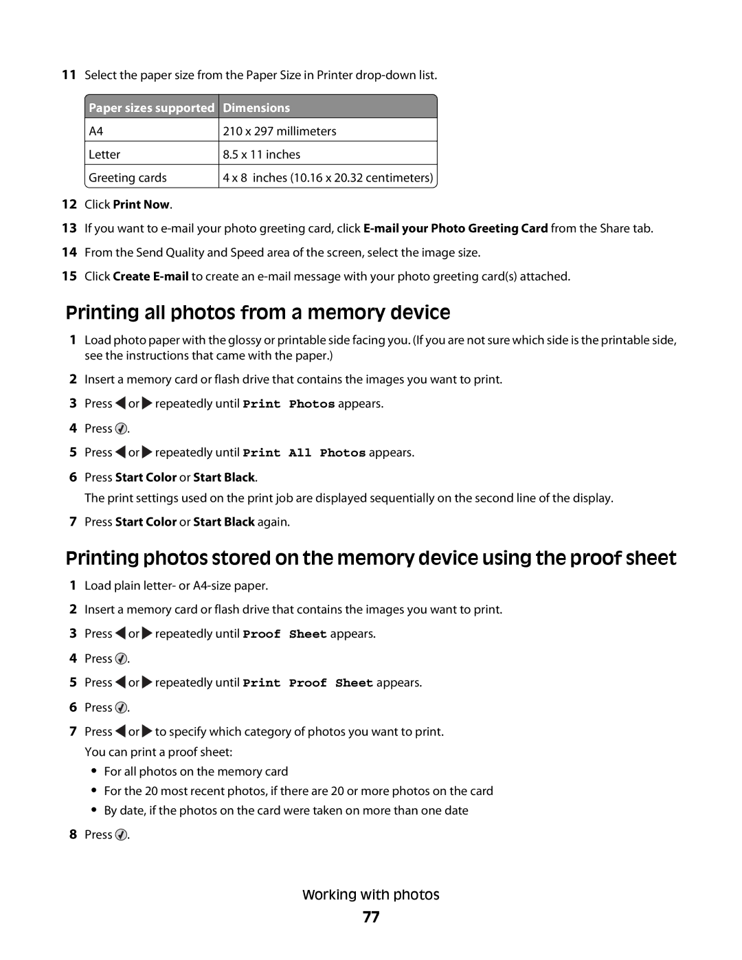 Lexmark 5300 Series manual Printing all photos from a memory device, Dimensions, Press Start Color or Start Black again 