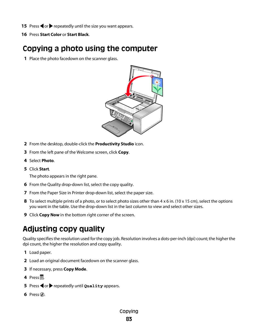 Lexmark 5300 Series manual Copying a photo using the computer, Adjusting copy quality 