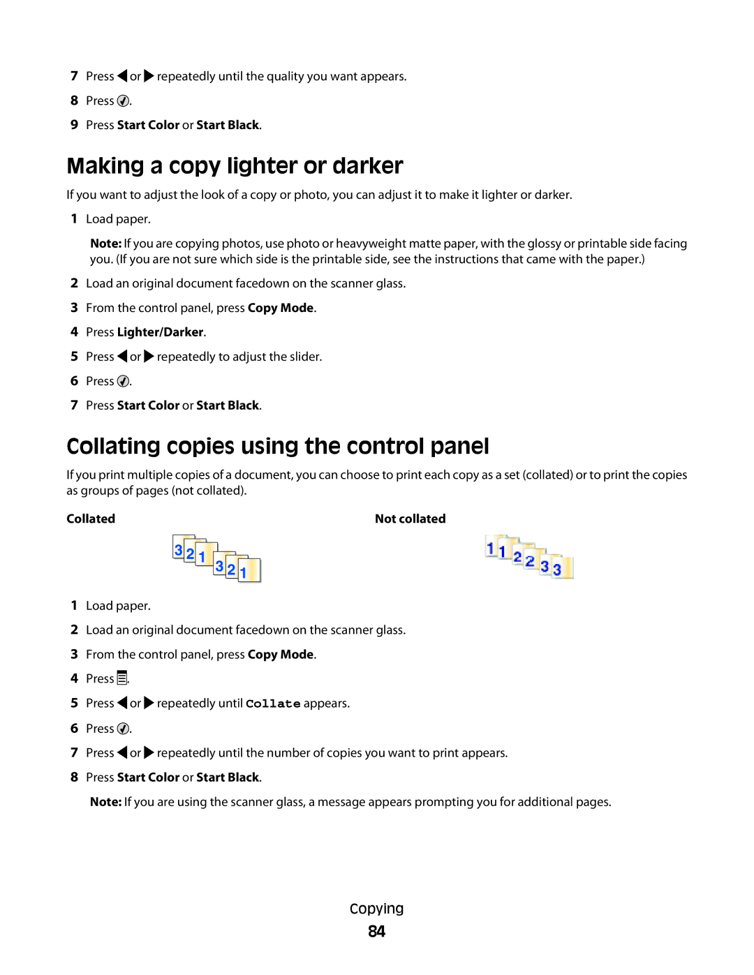 Lexmark 5300 Series manual Making a copy lighter or darker, Collating copies using the control panel, Press Lighter/Darker 