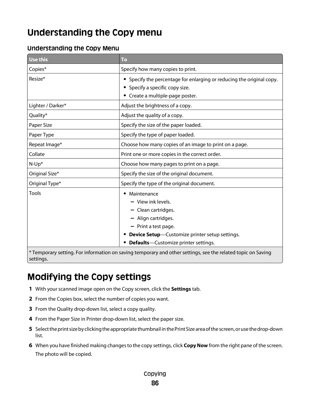 Lexmark 5300 Series manual Modifying the Copy settings 