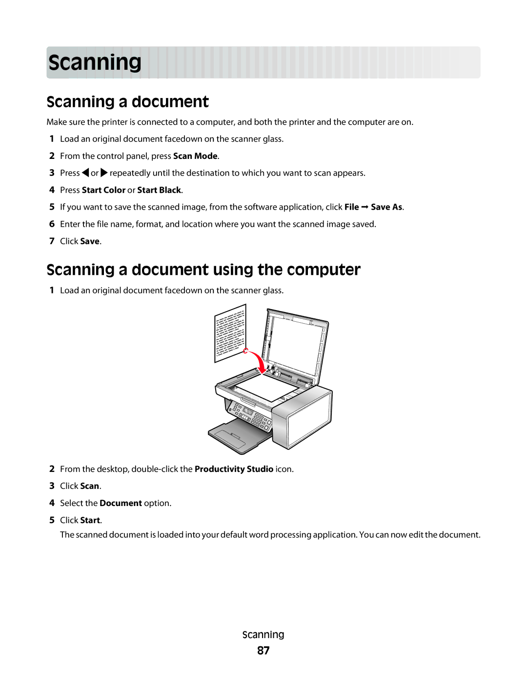 Lexmark 5300 Series manual Scan ning, Scanning a document using the computer 