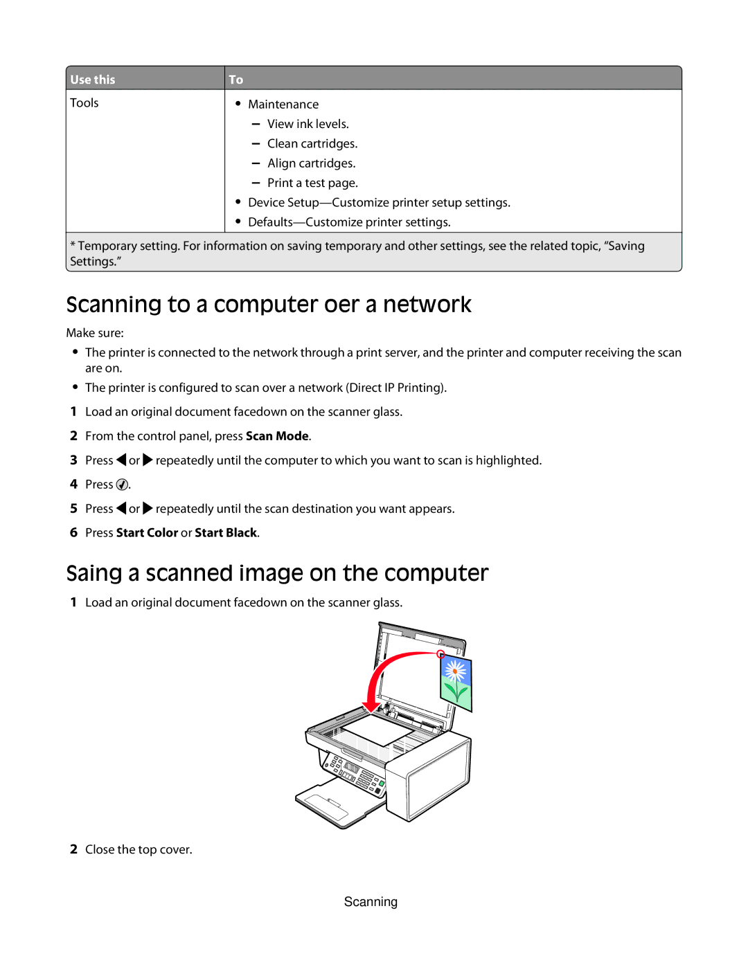 Lexmark 5300 Series manual Scanning to a computer over a network, Saving a scanned image on the computer 