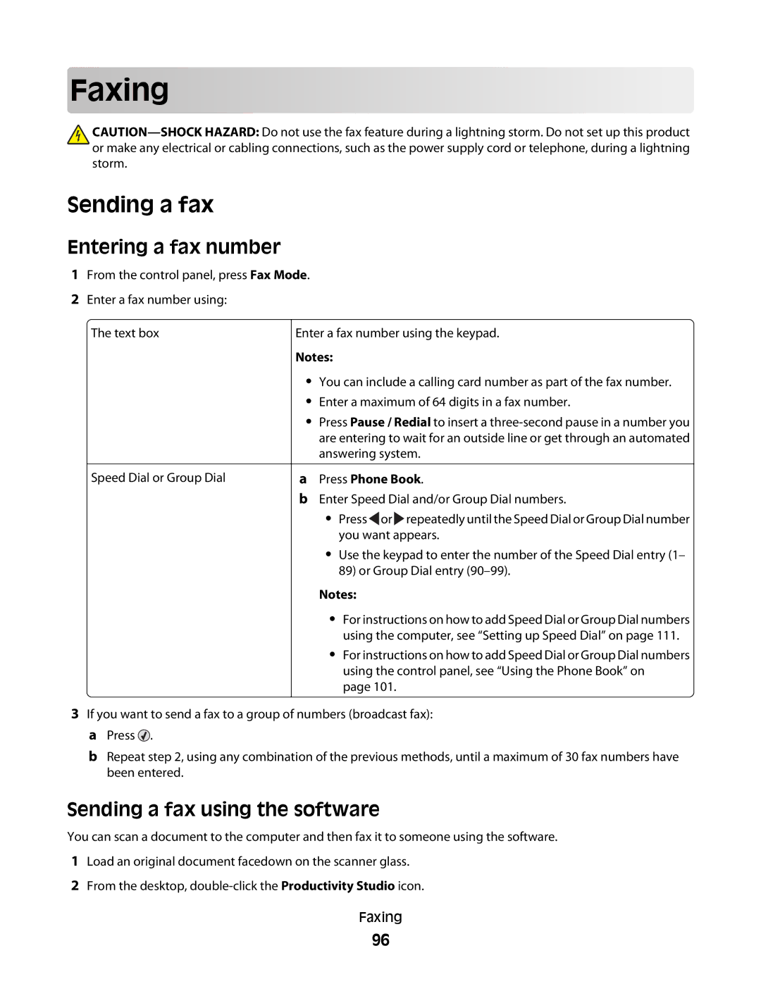 Lexmark 5300 Series manual Faxing, Entering a fax number, Sending a fax using the software, Press Phone Book 