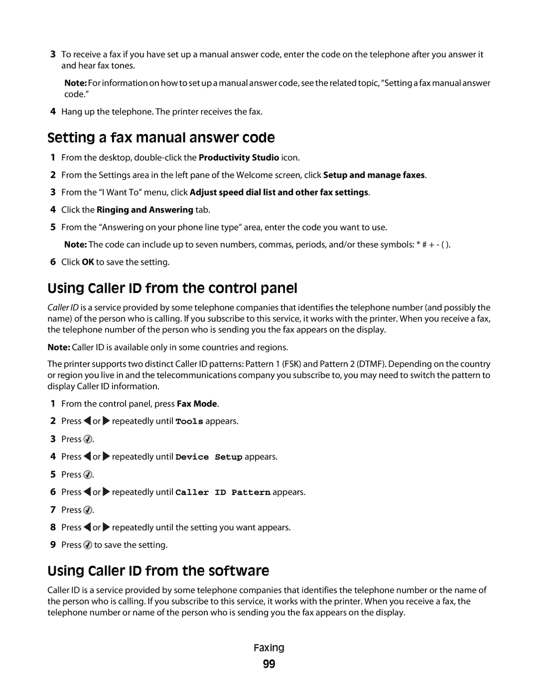 Lexmark 5300 Series Setting a fax manual answer code, Using Caller ID from the control panel 