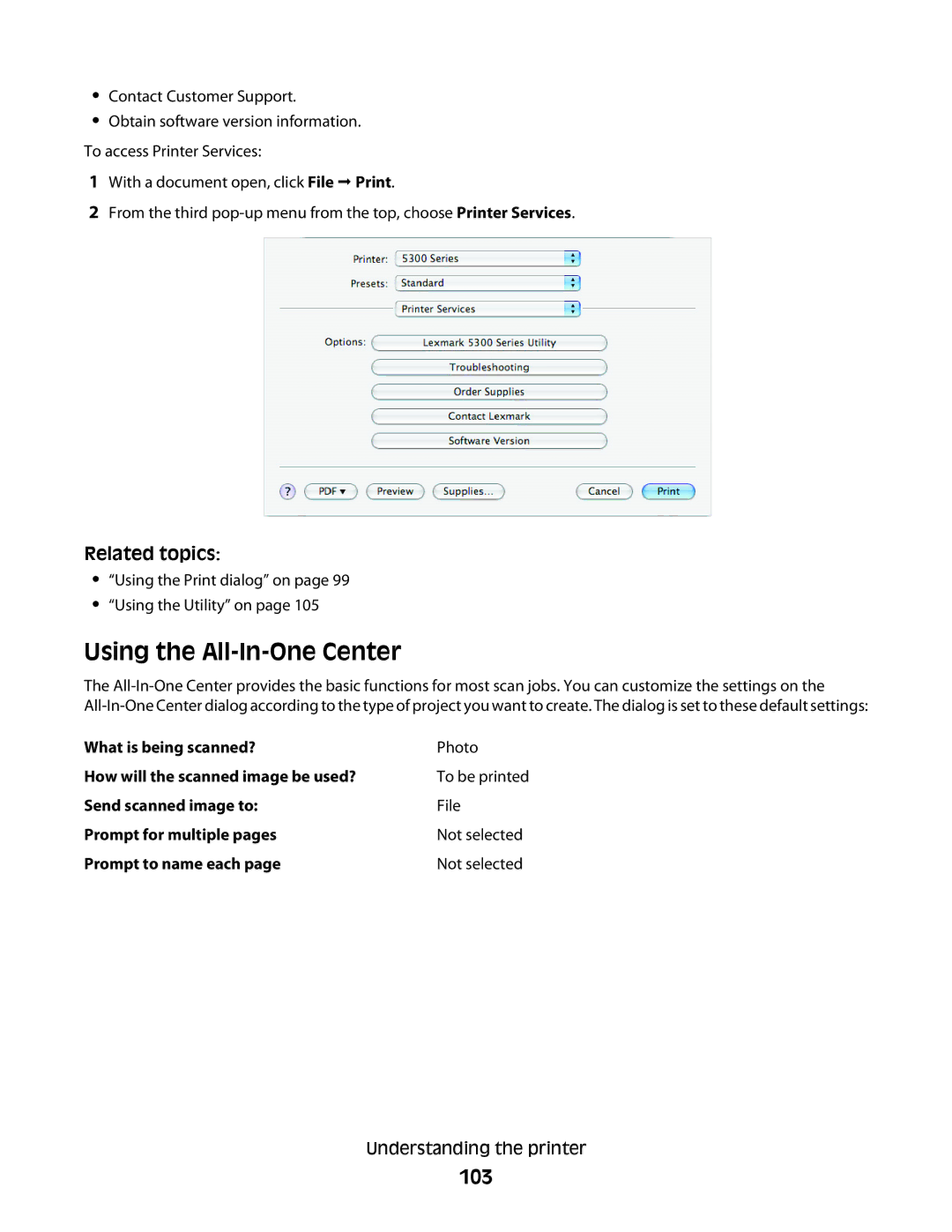 Lexmark 5300 manual Using the All-In-One Center, 103 