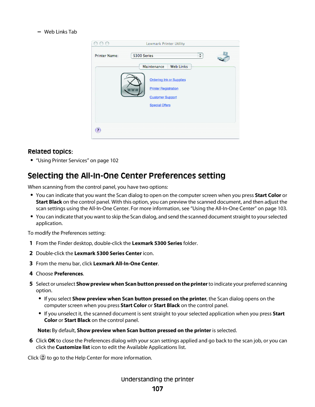 Lexmark 5300 manual Selecting the All-In-One Center Preferences setting, 107 