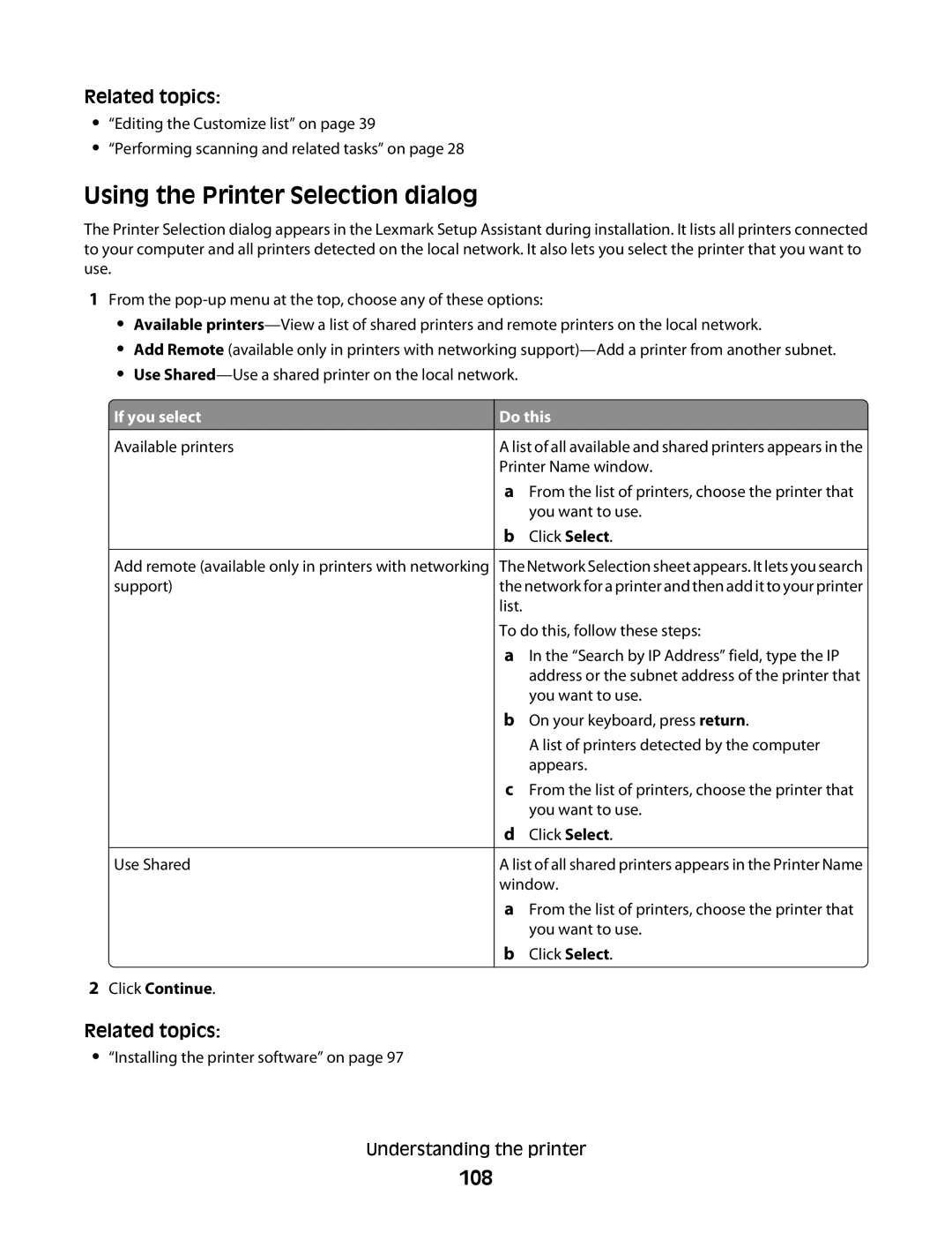 Lexmark 5300 manual Using the Printer Selection dialog, 108, If you select, Do this 