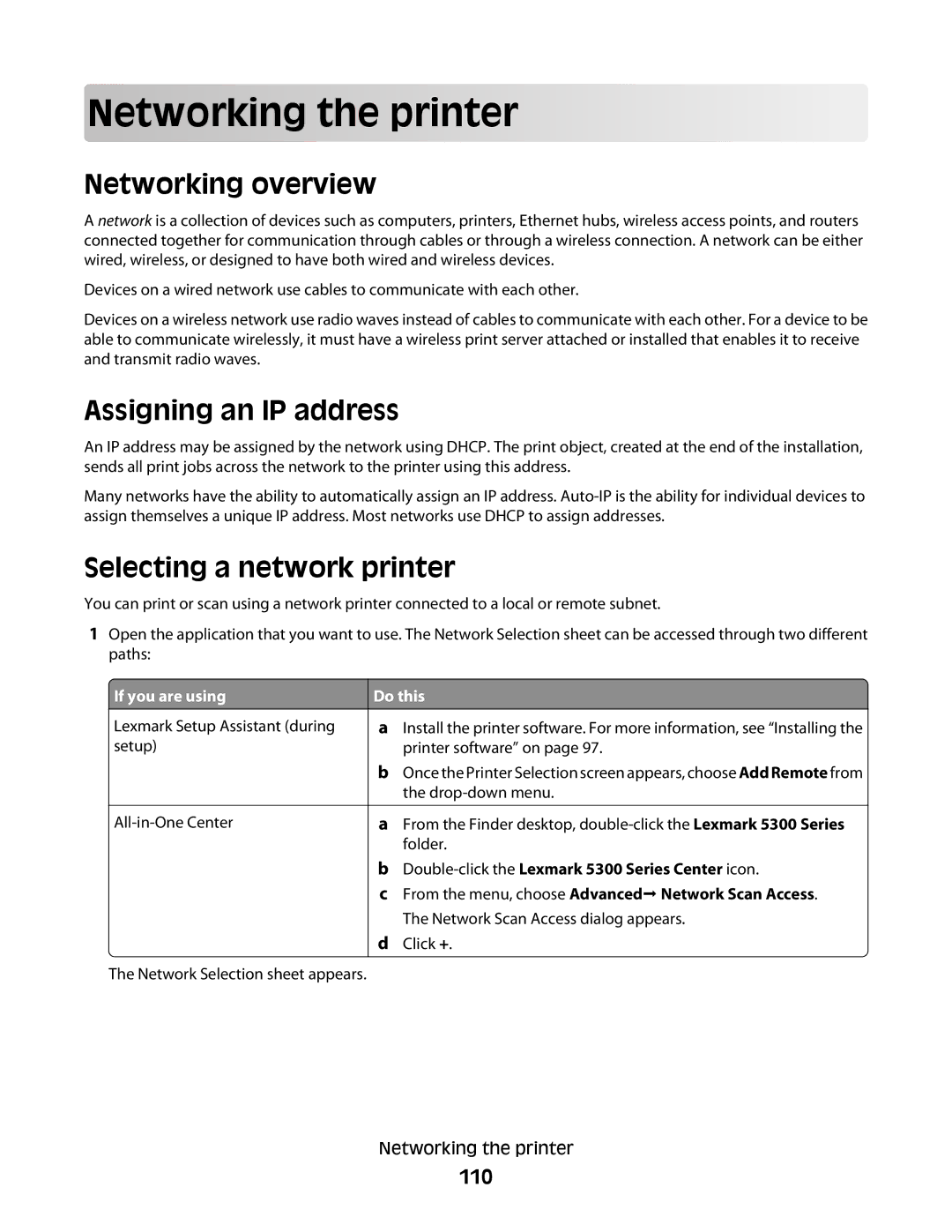 Lexmark 5300 manual Networking overview, Assigning an IP address, Selecting a network printer, 110, If you are using 