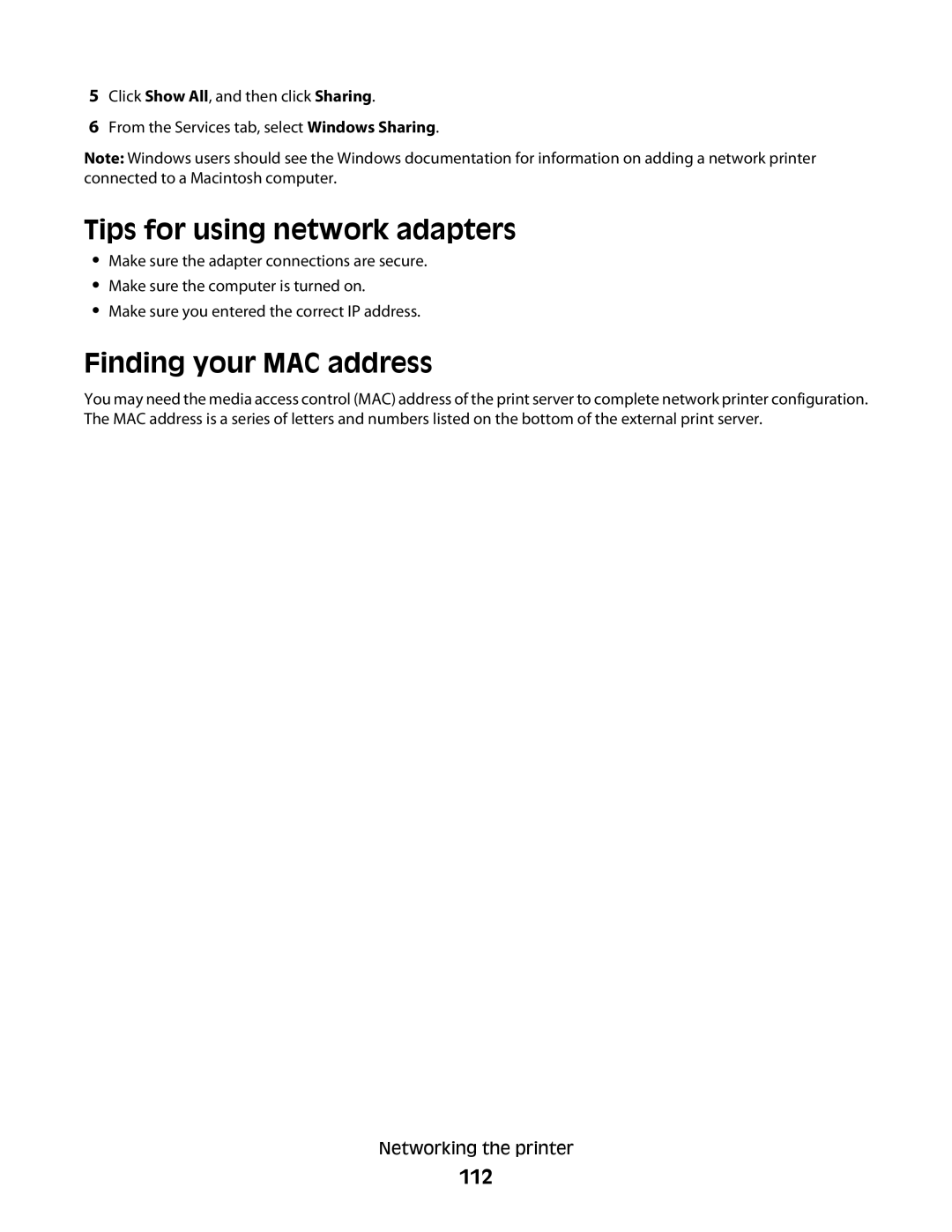 Lexmark 5300 manual Tips for using network adapters, Finding your MAC address, 112 