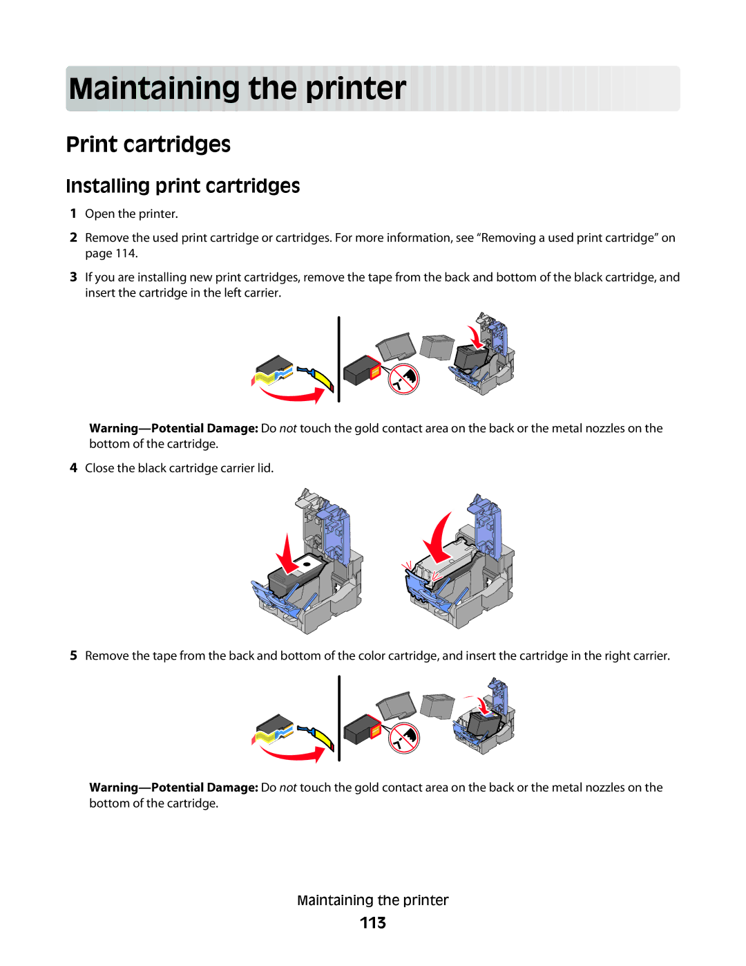 Lexmark 5300 manual Print cartridges, Installing print cartridges, 113 