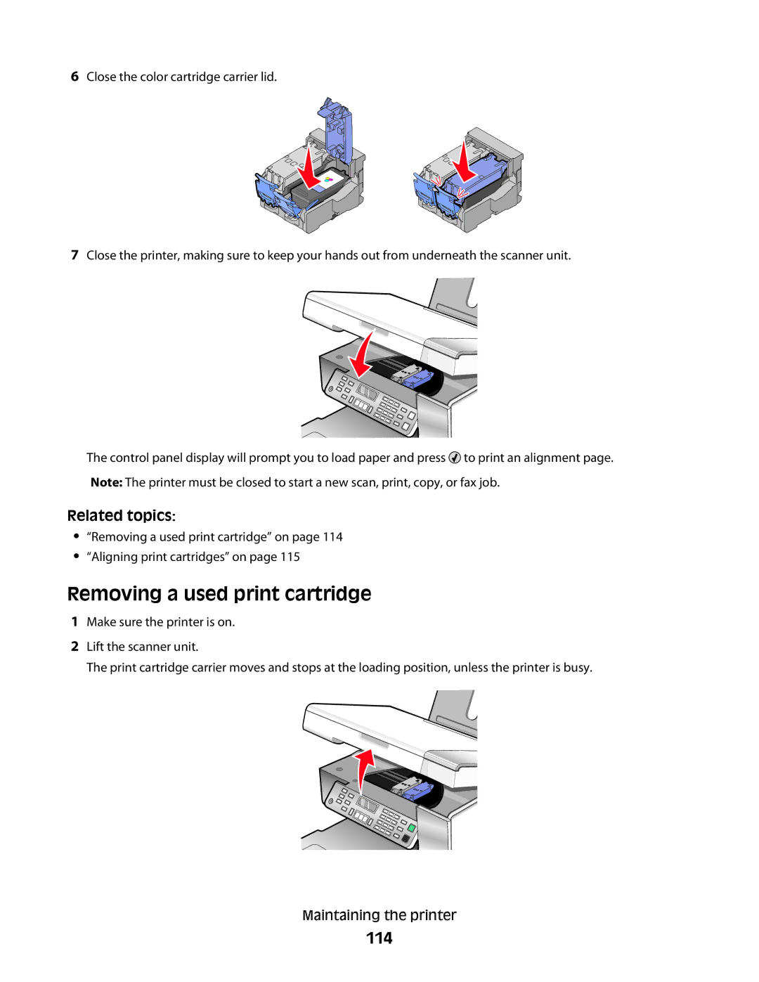 Lexmark 5300 manual Removing a used print cartridge, 114 