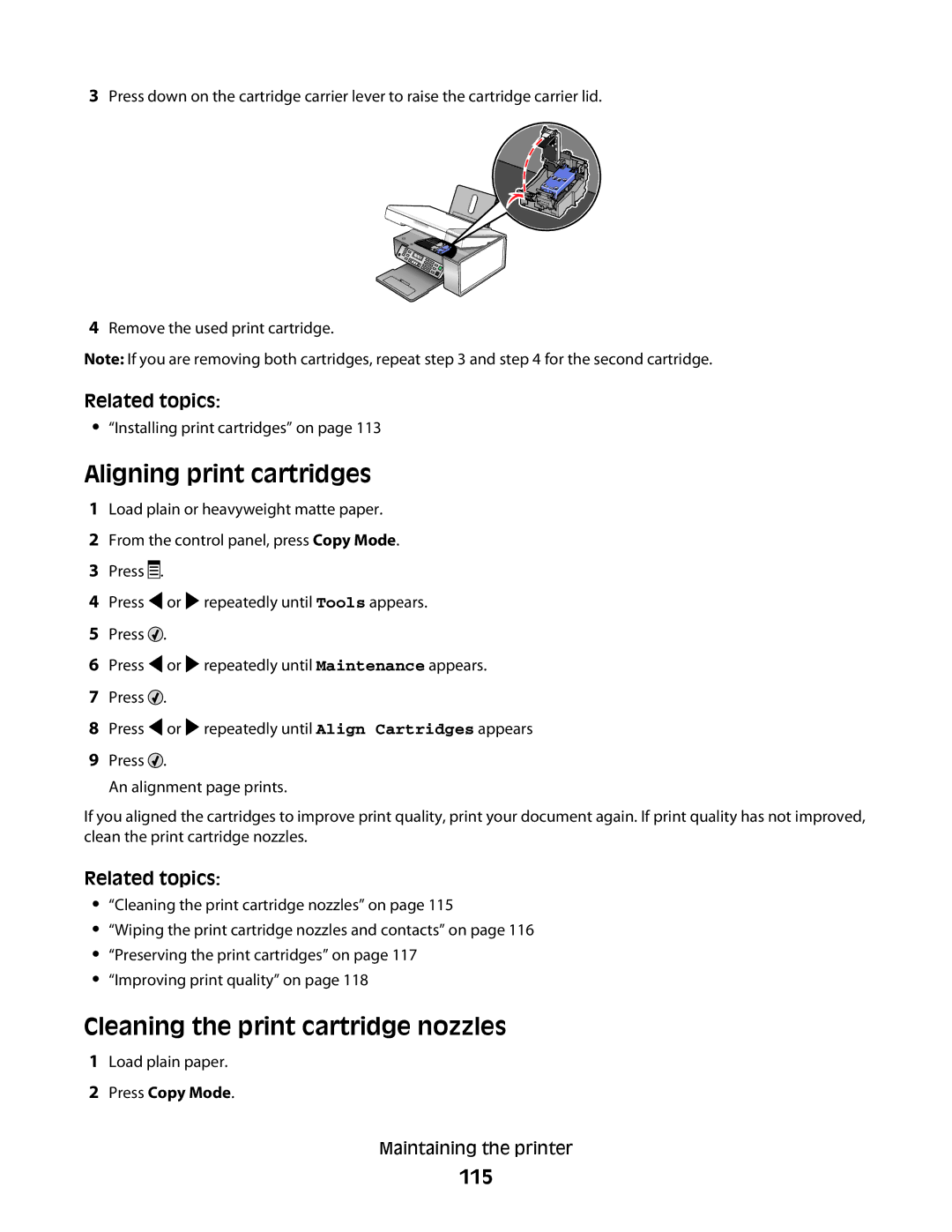 Lexmark 5300 manual Aligning print cartridges, Cleaning the print cartridge nozzles, 115 