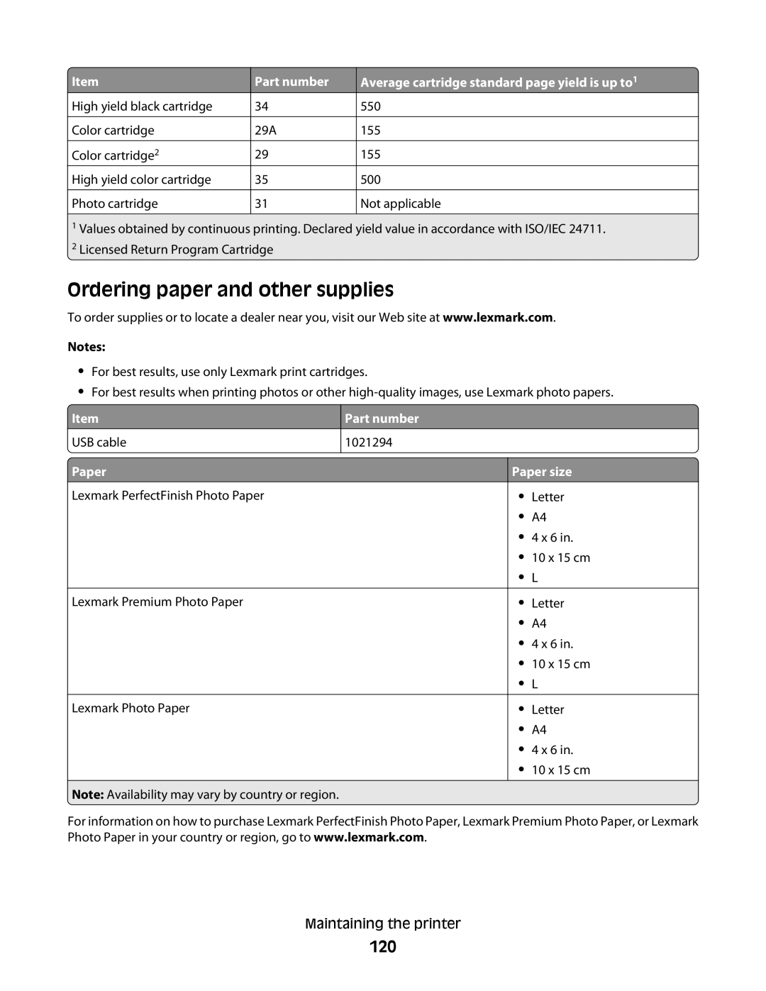 Lexmark 5300 manual Ordering paper and other supplies, 120, Paper Paper size 