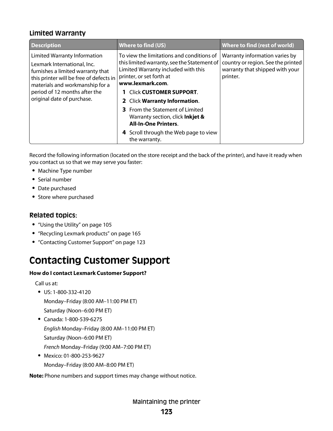 Lexmark 5300 manual Contacting Customer Support, 123, Where to find US 