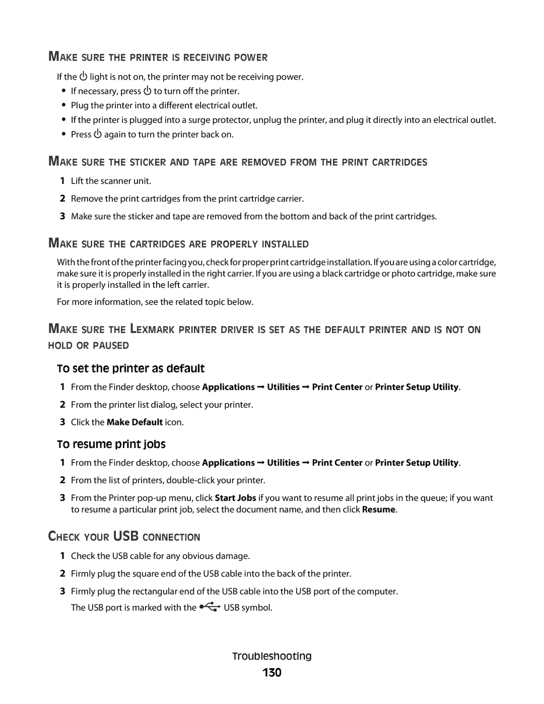 Lexmark 5300 manual 130, Make Sure the Printer is Receiving Power, Make Sure the Cartridges are Properly Installed 