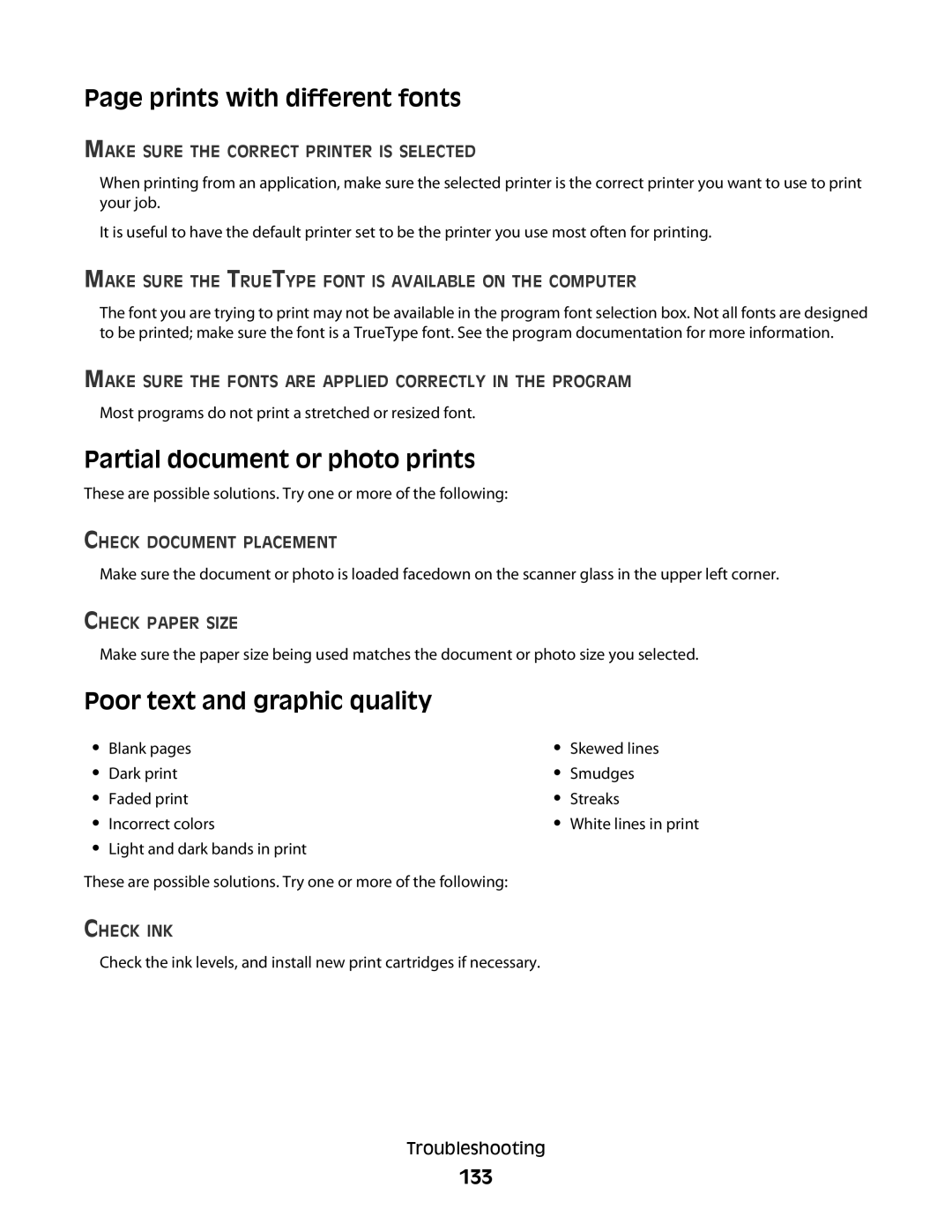 Lexmark 5300 manual Prints with different fonts, Partial document or photo prints, Poor text and graphic quality, 133 