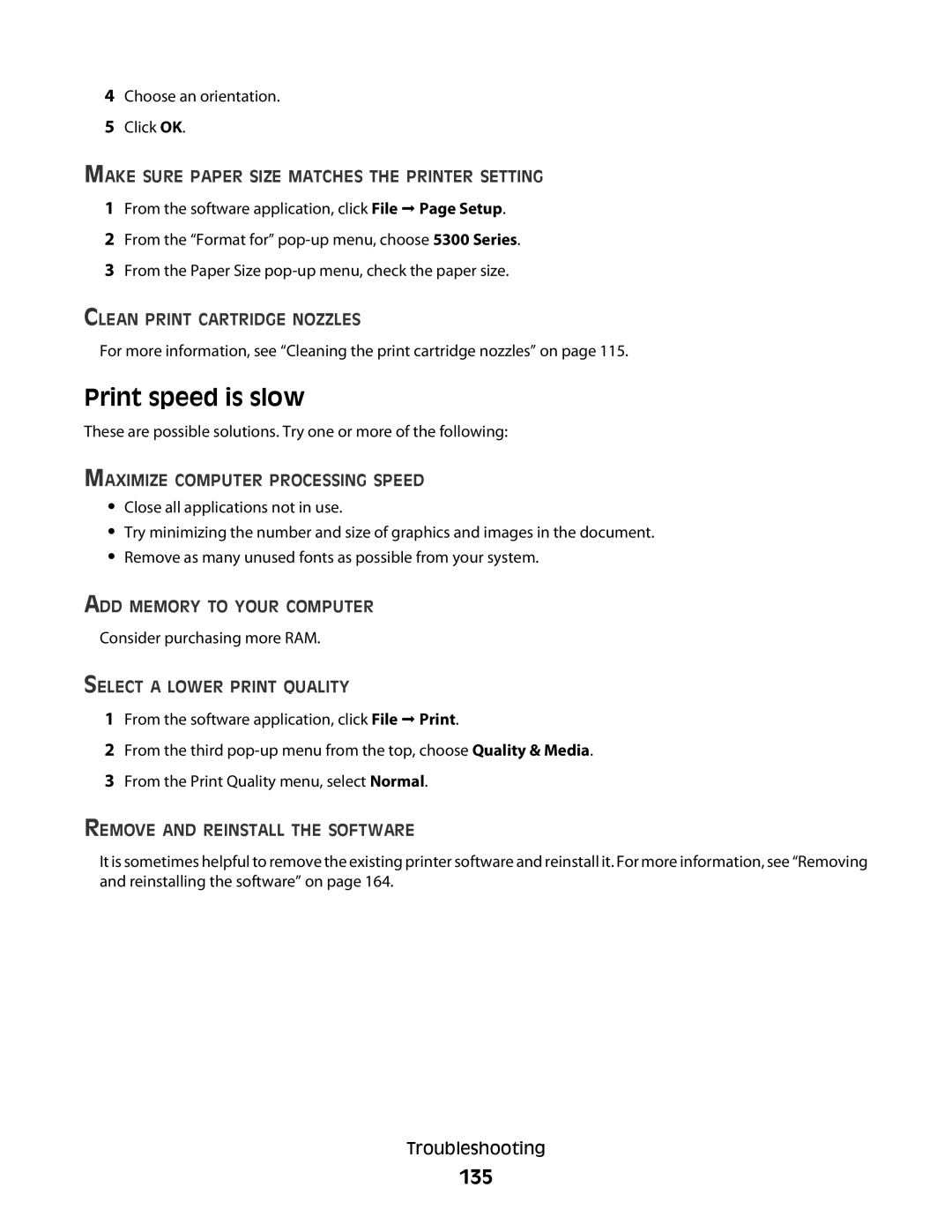 Lexmark 5300 manual Print speed is slow, 135 